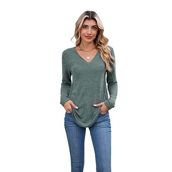Womens V Neck T Shirts Long Sleeve Basic Tunic Tops Loose Fit Dressy