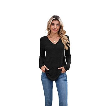 Womens V Neck T Shirts Long Sleeve Basic Tunic Tops Loose Fit Dressy