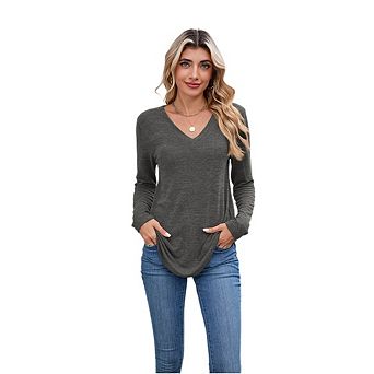 Womens V Neck T Shirts Long Sleeve Basic Tunic Tops Loose Fit Dressy