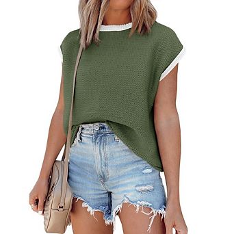 Women's Short Sleeve Knit Top Crew Neck Contrast Trim Waffle Knit Loose Fit for Casual Office Wear