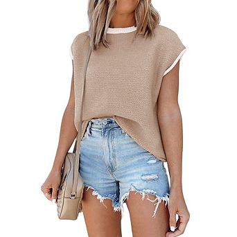 Women's Short Sleeve Knit Top Crew Neck Contrast Trim Waffle Knit Loose Fit for Casual Office Wear