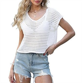 Women's Swimsuit Cover-Up Crocheted Openwork Short Sleeve Top Lightweight Crochet Pullover Cover-Up