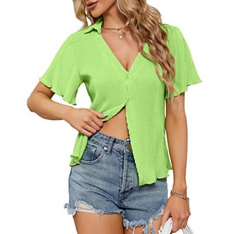 Women's Pleated Short Sleeve Cardigan Textured Open Front Top Lightweight Casual Layering Piece