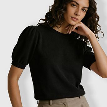 Women Round Neck Short Sleeve Sweater with Balloon Sleeves Casual Lantern Sleeve Textured Knit Top