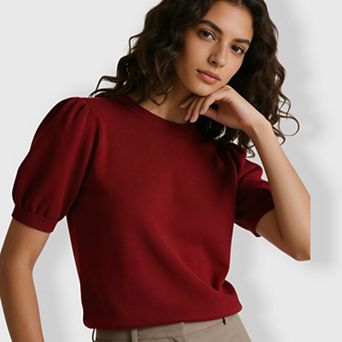 Women Round Neck Short Sleeve Sweater with Balloon Sleeves Casual Lantern Sleeve Textured Knit Top