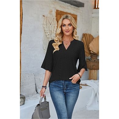 Women Summer Lace V Neck Plain Elegant Shirt Fashion Solid Color Short Sleeve Blouse