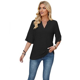 Women Summer Lace V Neck Plain Elegant Shirt Fashion Solid Color Short Sleeve Blouse