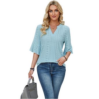 Women Summer Lace V Neck Plain Elegant Shirt Fashion Solid Color Short Sleeve Blouse