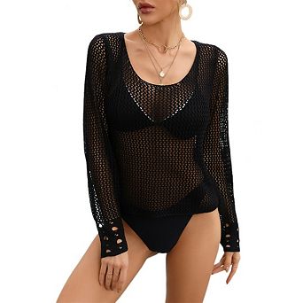 Womens Swimsuit Cover Up Crochet Off Shoulder Beach Bikini Cover Up Hollow Out Long Sleeve Top