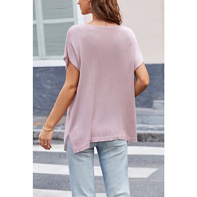 Women's Knit Top V-Neck Batwing Sleeves Side Slits Oversized Fit Pullover for Casual Office Wear