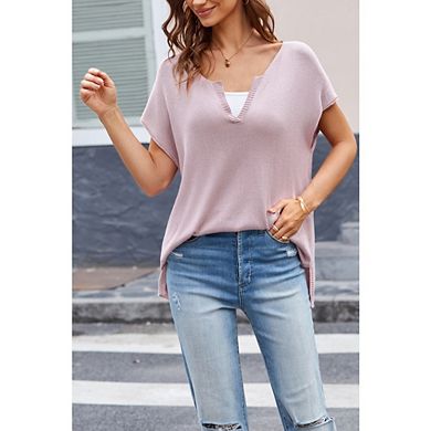 Women's Knit Top V-Neck Batwing Sleeves Side Slits Oversized Fit Pullover for Casual Office Wear