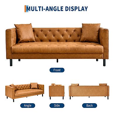 81 Inch Chesterfield 3-Seater Sofa - PU Leather Handmade Button Tufted with Wooden Frame for Office
