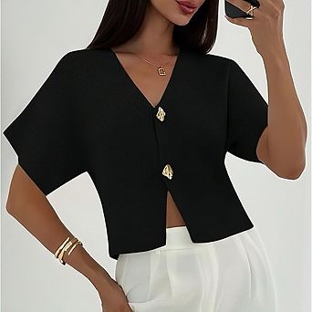 Women's V-Neck Cardigan with Button Front Short Sleeve Open Front Lightweight Casual Summer Top