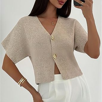 Women's V-Neck Cardigan with Button Front Short Sleeve Open Front Lightweight Casual Summer Top