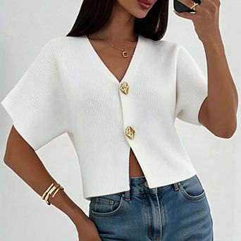 Women's V-Neck Cardigan with Button Front Short Sleeve Open Front Lightweight Casual Summer Top