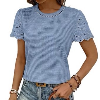 Women's Round Neck Short Sleeve Tee with Lace Trim Textured Pique Knit Top Casual Summer Blouse