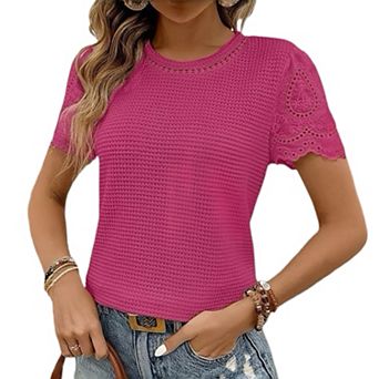Women's Round Neck Short Sleeve Tee with Lace Trim Textured Pique Knit Top Casual Summer Blouse