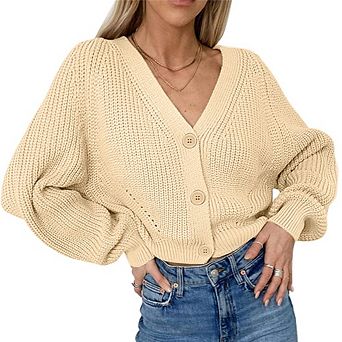 Womens Cropped Cardigan Sweater V-Neck Button Down Puff Long Sleeve Chunky Knit for Casual Fall Wear