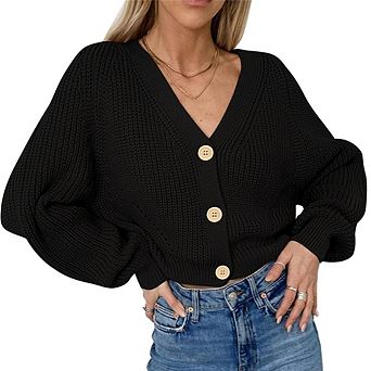 Womens Cropped Cardigan Sweater V-Neck Button Down Puff Long Sleeve Chunky Knit for Casual Fall Wear