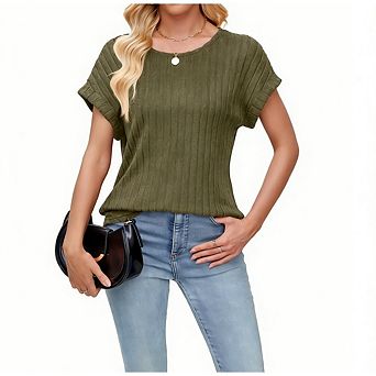 Women's Rib Knit Top Crew Neck Batwing Short Sleeves Loose Fit for Casual Office Wear