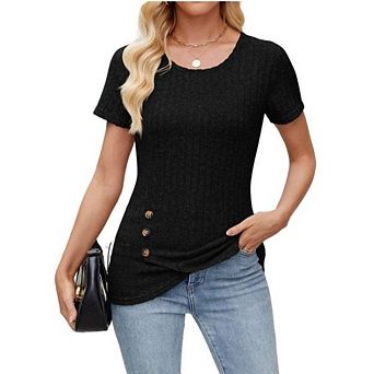 Women's Rib Knit Top Crew Neck Short Sleeves Side Button Asymmetric Hem Loose Fit for Casual Office