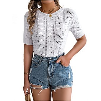 Womens Lightweight Thin Summer Pullover Sweater Puff Short Sleeve Tops Pullover Shirt Knit Blouse