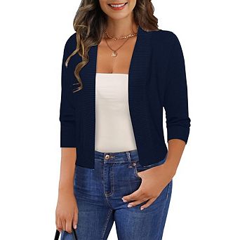 Womens Cropped Cardigan Sweater Open Front 3/4 Sleeve Ribbed Trim Relaxed Fit for Casual Office Wear