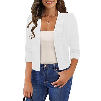 Womens Cropped Cardigan Sweater Open Front 3/4 Sleeve Ribbed Trim Relaxed Fit for Casual Office Wear