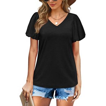 Women Summer Casual T-Shirt Solid Color Ruffle Sleeve Loose Shirts V-Neck Tops
