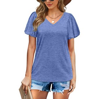 Women Summer Casual T-Shirt Solid Color Ruffle Sleeve Loose Shirts V-Neck Tops