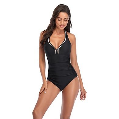 Women's V-Neck Swimsuit Halter Ruched Cutout Backless Beach Modest One Piece Bathing Suit