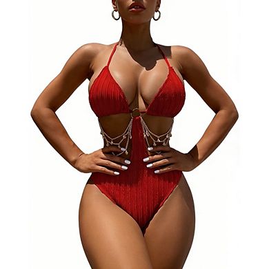Women's One Piece Swimsuits Ring Linked Cut Out Textured Tie Backless Halter Bathing Suit Monokini