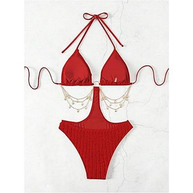 Women's One Piece Swimsuits Ring Linked Cut Out Textured Tie Backless Halter Bathing Suit Monokini