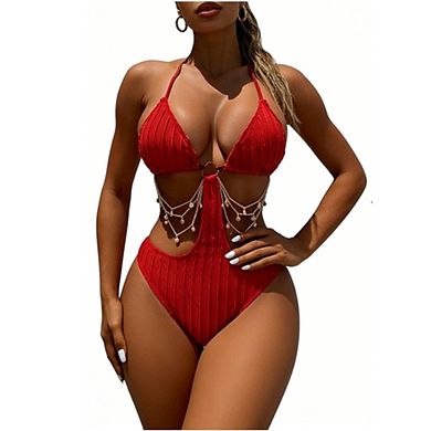Women's One Piece Swimsuits Ring Linked Cut Out Textured Tie Backless Halter Bathing Suit Monokini