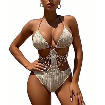 Women's One Piece Swimsuits Ring Linked Cut Out Textured Tie Backless Halter Bathing Suit Monokini