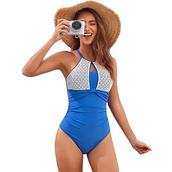Women's One-Piece Swimsuit Mesh Patch Swimwear Halter Bathing Suits
