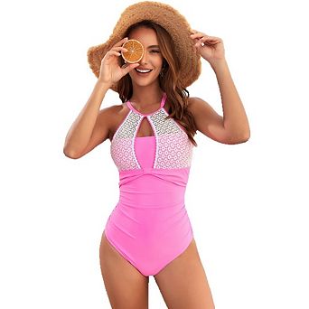Women's One-Piece Swimsuit Mesh Patch Swimwear Halter Bathing Suits