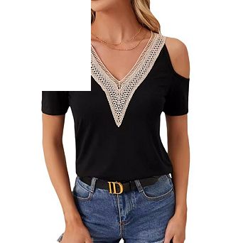 Womens Cold Shoulder Tunic Lace Trim V Neck Blouse Hollow Long Sleeve Shirts Trendy Dressy Casual