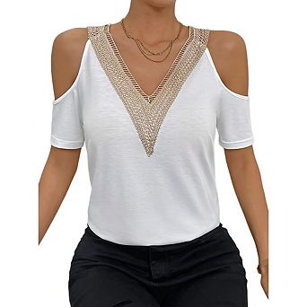 Womens Cold Shoulder Tunic Lace Trim V Neck Blouse Hollow Long Sleeve Shirts Trendy Dressy Casual
