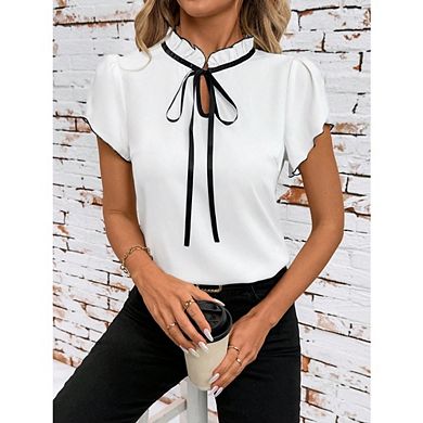 Women's Elegant Tie Ruffle Trim Mock Neck Puff Short Sleeve Causal Office Blouse Shirt Tops