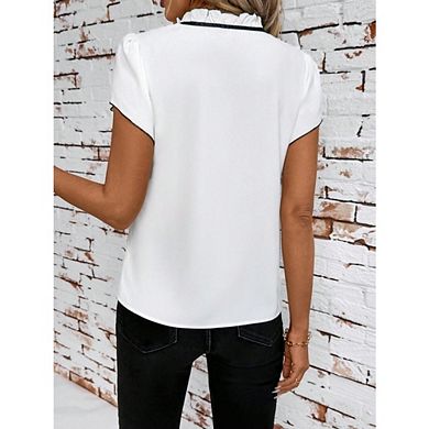 Women's Elegant Tie Ruffle Trim Mock Neck Puff Short Sleeve Causal Office Blouse Shirt Tops
