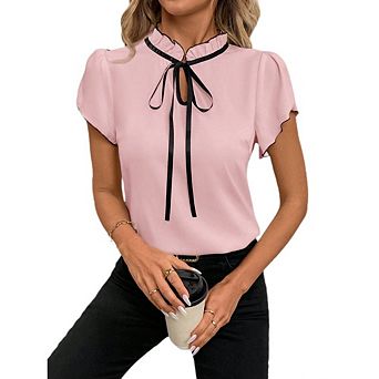 Women's Elegant Tie Ruffle Trim Mock Neck Puff Short Sleeve Causal Office Blouse Shirt Tops
