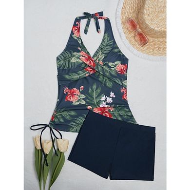 Women Two Piece Tankini Halter Padded Adjustable Drawstring Swimsuit with Slim Boyshorts
