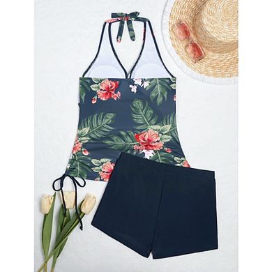 Women Two Piece Tankini Halter Padded Adjustable Drawstring Swimsuit with Slim Boyshorts