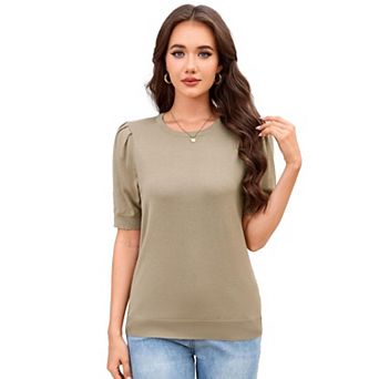 Women T Shirts Short Sleeve Sweater Summer Blouses Crewneck Knit Puff Sleeve Casual Shirts