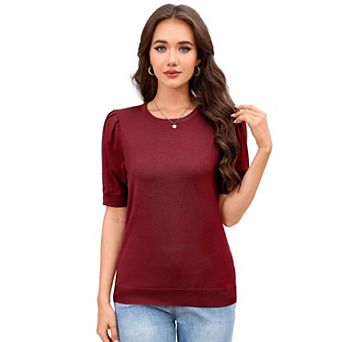 Women T Shirts Short Sleeve Sweater Summer Blouses Crewneck Knit Puff Sleeve Casual Shirts