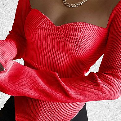 Women Sweaters Long Sleeve V Neck Ribbed Knit Sweater Slim Fit Solid Basic Casual Tops