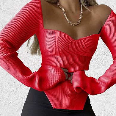 Women Sweaters Long Sleeve V Neck Ribbed Knit Sweater Slim Fit Solid Basic Casual Tops
