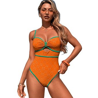 Women's One Piece Cutout Swimsuit Bathing Suit Color Block Monokini Retro Swimwear