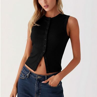 Women’s Ribbed Vest Button Up Open Front Tank Tops Sleeveless Slim Fit Crop Going Out Tops
